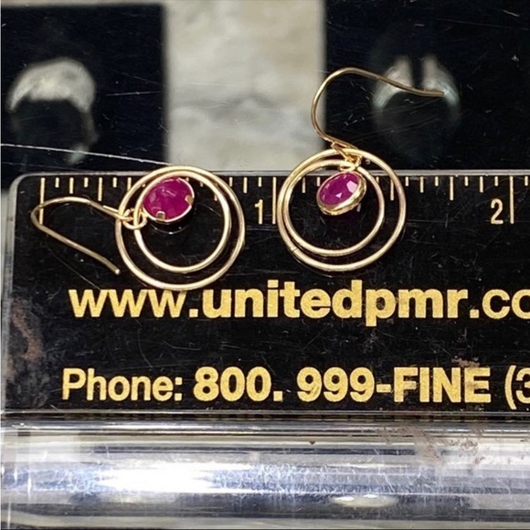 10k Yellow Gold 2 Carat Ruby Orbiting Dangle Saturn Spinning Drop Earrings - Picture 10 of 12